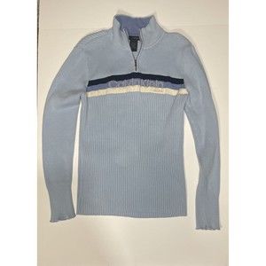 Calvin Klein Vintage Y2K Light Blue Striped‎ Ribbed Quarter Zip Pullover Sweater